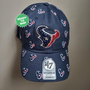 Bling Crystal Houston Texans Confetti Navy Blue Adjustable Hat | NFL Football Bling Hat | Accented With Preciosa Maxima Crystals