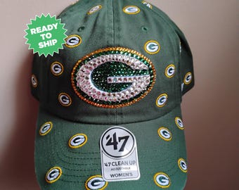 Gorra ajustable Bling Crystal Green Bay Packers con confeti verde / Gorra brillante de fútbol americano de la NFL / Adornada con cristales Preciosa Maxima