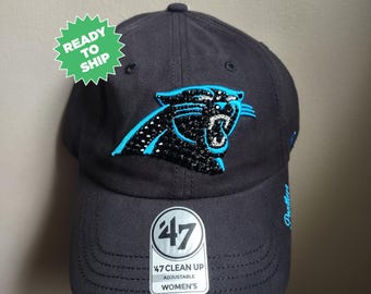 Bling Crystal Carolina Panthers Black Adjustable Hat | NFL Football Bling Hat | Accented With Preciosa Maxima Crystals