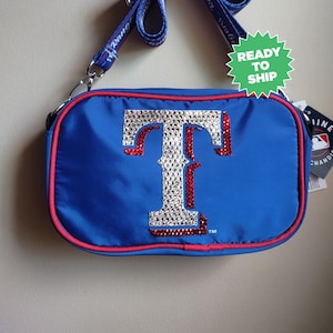 Bolso bandolera azul real de los Texas Rangers con cristales brillantes / Bolso con cristales brillantes de la MLB / Bolso aprobado por el estadio / Acentuado con cristales Preciosa Maxima