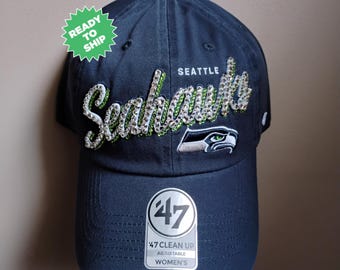 Bling Crystal Seattle Seahawks Navy Blue Adjustable Hat  display picture 1