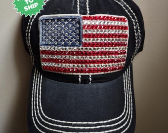 Bling Crystal American Flag Distressed Black Adjustable Hat | USA Bling Hat | Accented With  Preciosa Maxima Crystals