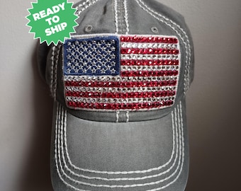 Bling Crystal American Flag Faded Army Green Adjustable Hat | USA Bling Hat | Accented With  Preciosa Maxima Crystals