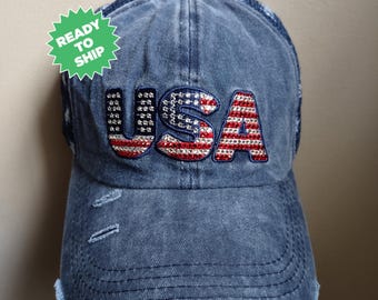 Bling Crystal USA Distressed Jean Adjustable Trucker Hat | USA Bling Hat | Patriotic Bling Hat | Accented With Preciosa Maxima Crystals