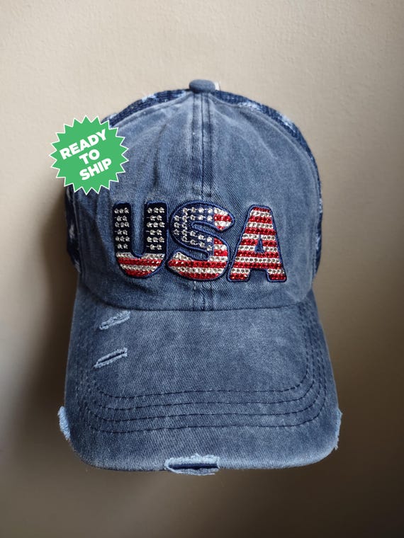 Distressed Denim Baseball Cap Rhinestone USA Patriotic Bling America 250 Hat Amazon.com: 250th US Anniversary Distressed Denim Hat, 250th  main image 4
