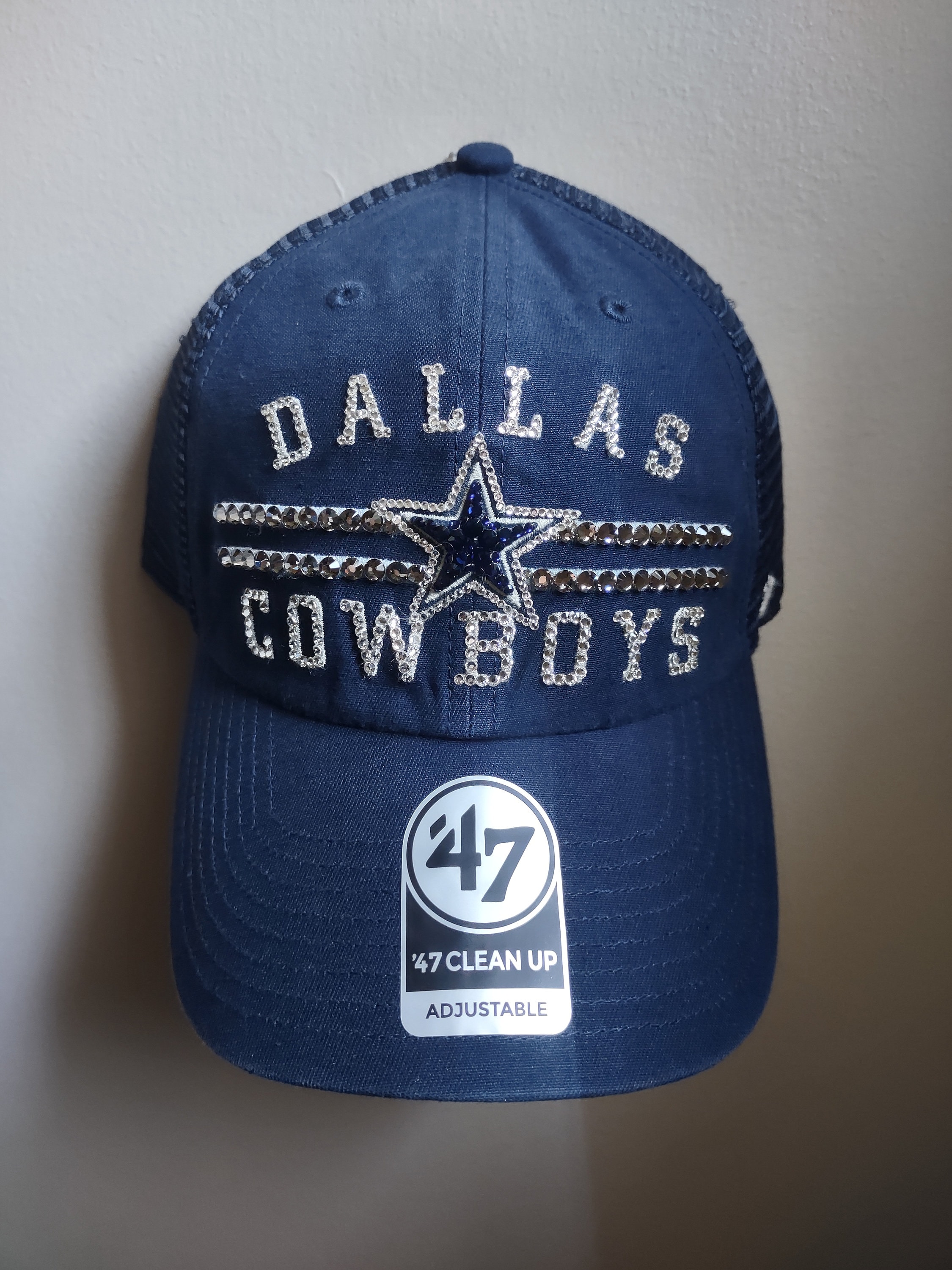 Dallas Football Navy Cap Bling Out Star with Swrk Crystals & Shiny Lettering. Bling Crystal Dallas Cowboys Script Navy Adjustable Hat  main image 4