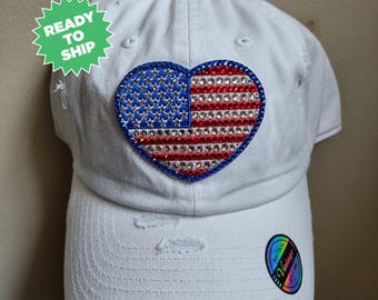 CLEARANCE Bling Crystal American Flag Heart Distressed White Adjustable Hat | USA Bling Hat | Accented With  Preciosa Maxima Crystals