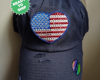 CLEARANCE Bling Crystal American Flag Heart Distressed Navy Blue Adjustable Hat | USA Bling Hat | Accented With  Preciosa Maxima Crystals