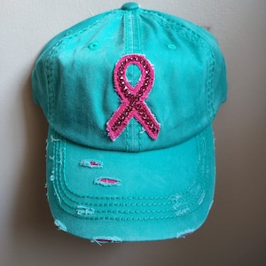 Bling Crystal Breast Cancer Ribbon Turquoise Hat | Pink Ribbon Bling Hat | Accented With Swarovski Crystals
