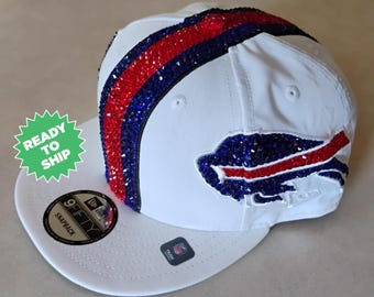 Bling Crystal Buffalo Bills White Helmet Style Flat Bill Adjustable Hat | NFL Football Bling Hat | Accented With Preciosa Maxima Crystals