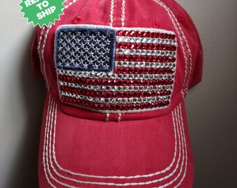 Bling Crystal American Flag Distressed Red Adjustable Hat | USA Bling Hat | Accented With  Preciosa Maxima Crystals