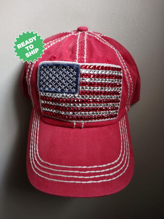 Bling Crystal American Flag Distressed Red Adjustable Hat  display picture 2