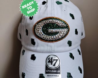 Gorra ajustable con cristales brillantes de los Green Bay Packers, color blanco con confeti / Gorra brillante de fútbol americano de la NFL / Adornada con cristales Preciosa Maxima