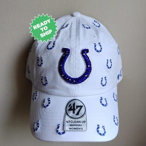 Bling Crystal Indianapolis Colts Confetti White Adjustable Hat | NFL Football Bling Hat | Accented With Preciosa Maxima Crystals