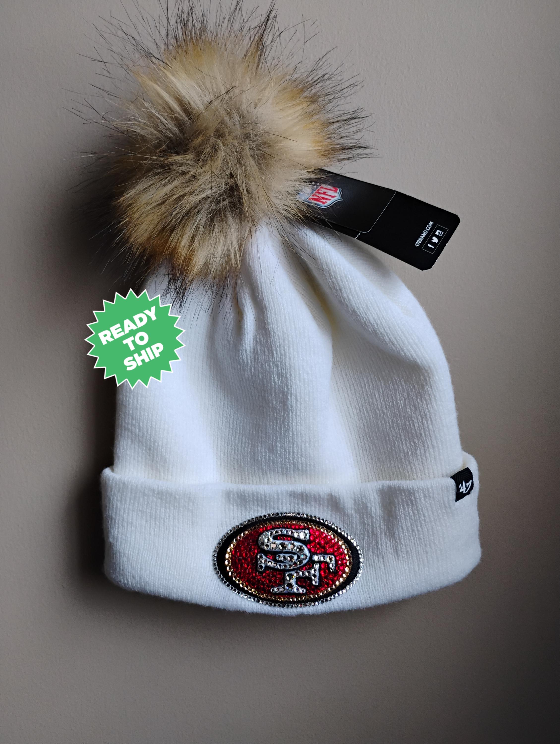 49ers Football Team Beanie, Chunky Knit, Pom Pom SF 49ers Ivory Pom Beanie: Hand-jeweled Swarovski Crystals  main image 3