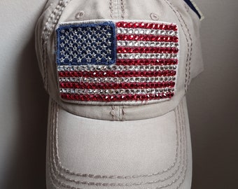 Bling Crystal American Flag Khaki Adjustable Hat | USA Bling Hat | Accented With  Preciosa Maxima Crystals
