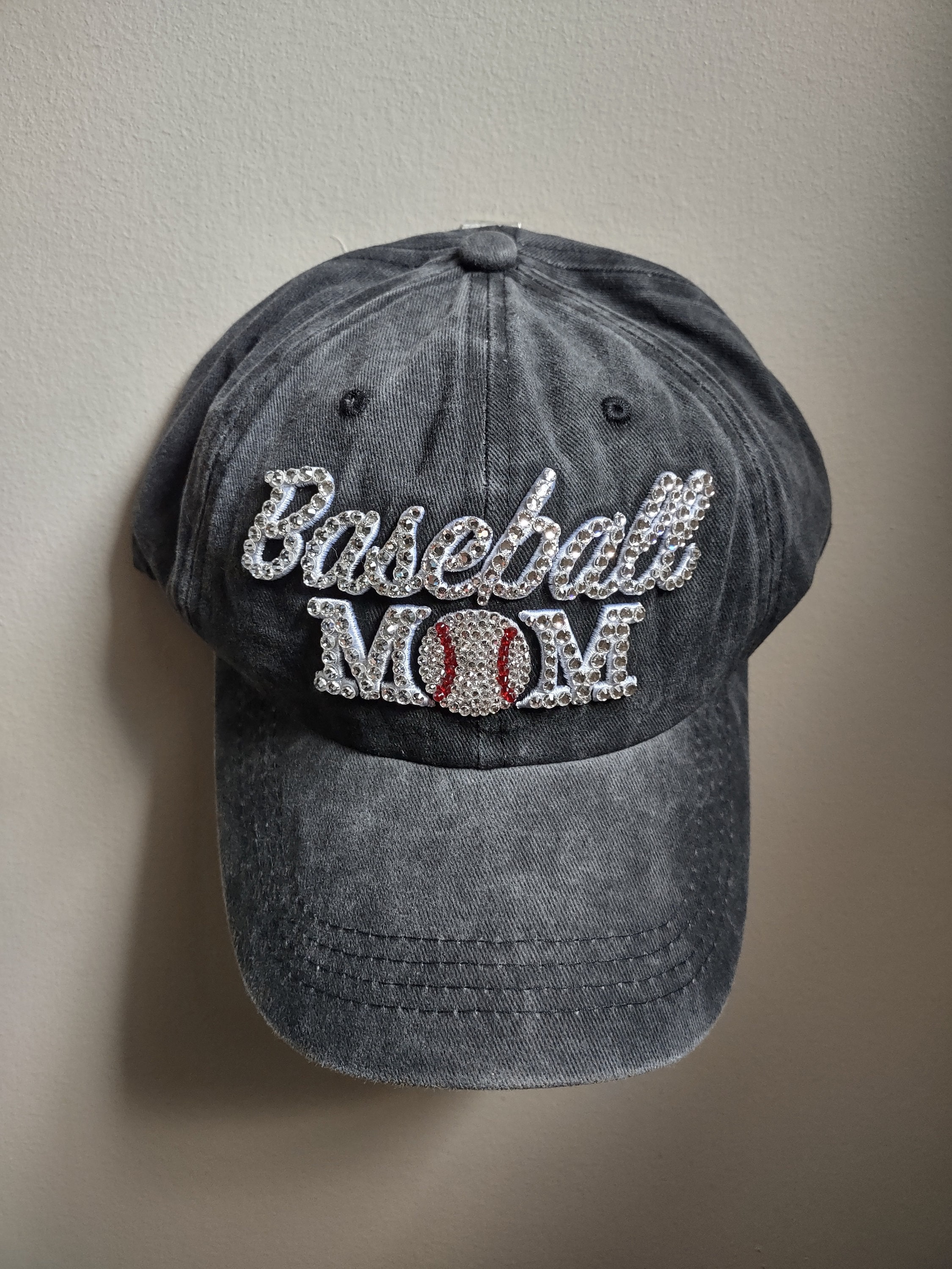 White Crystal & Pearl \'Mom\' Embellished Baseball Cap with Afro Puff NY Yankees Swarovski Crystal Hat, Pearl Rhinestone Flower  main image 2