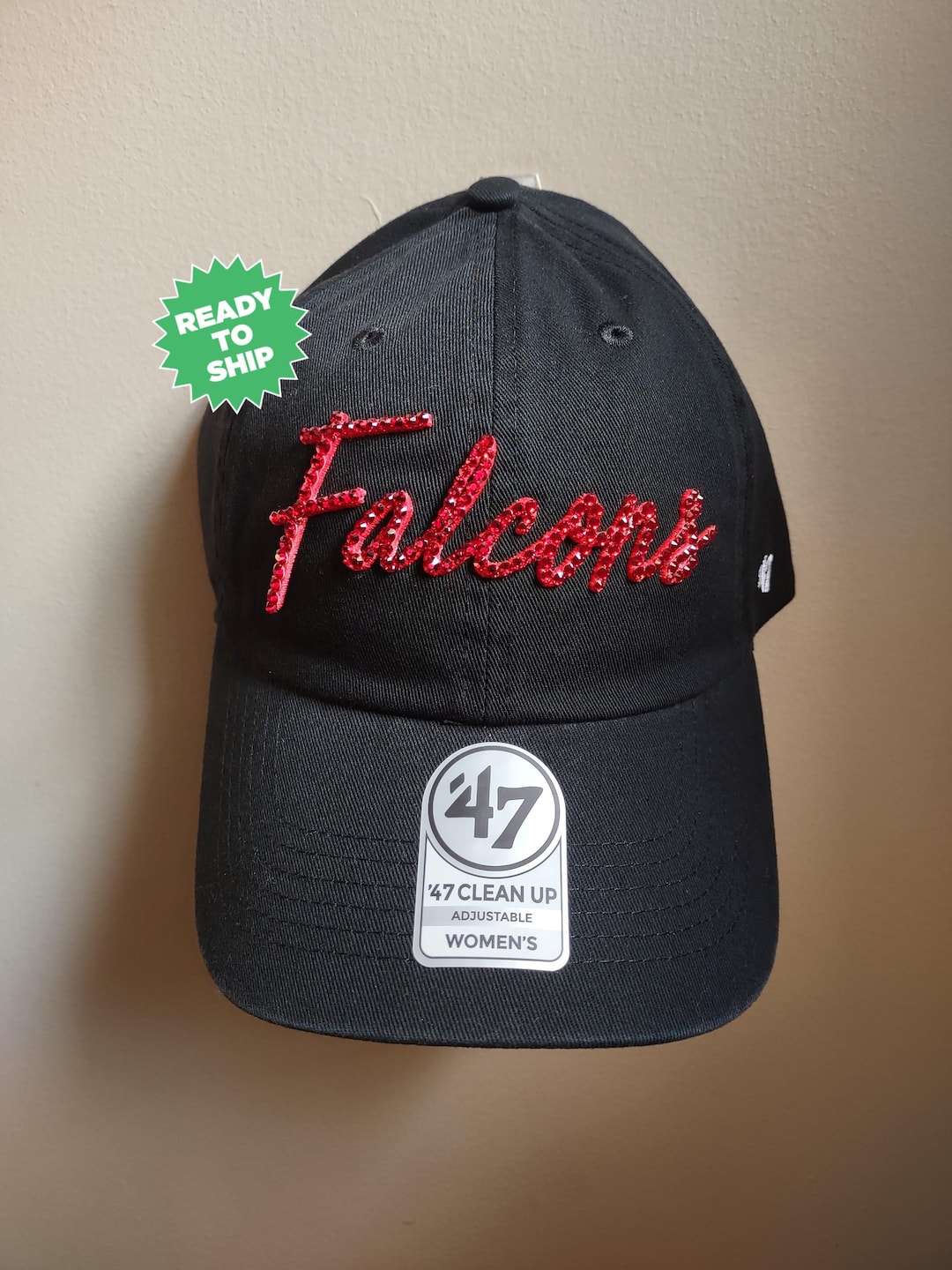 Bling Crystal Atlanta Falcons Script Black Adjustable Hat 