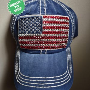 Bling Crystal American Flag Distressed Blue Adjustable Hat | USA Bling Hat | Accented With  Preciosa Maxima Crystals
