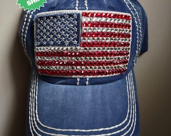Bling Crystal American Flag Distressed Blue Adjustable Hat | USA Bling Hat | Accented With  Preciosa Maxima Crystals