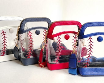 Mini borsa a tracolla trasparente da baseball con cristalli scintillanti / Borsa da baseball con strass / Borsa trasparente approvata per gli stadi / Decorata con cristalli Preciosa Maxima
