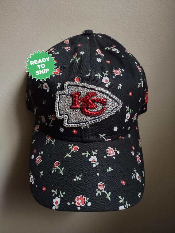 Bling Crystal Kansas City Chiefs Black Floral Adjustable Hat 