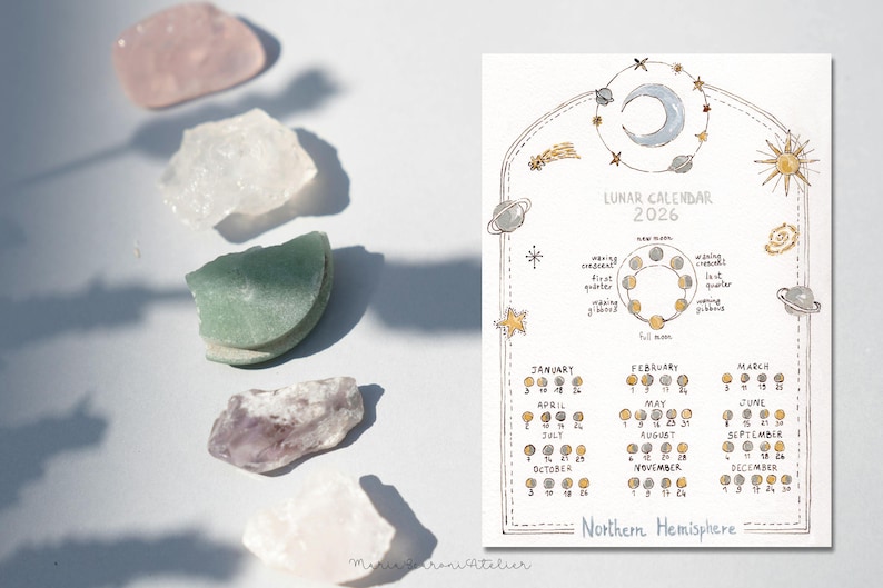 2026 Lunar Calendar Hand-drawn – Moon Phases – Printable A4 & A3 ...