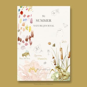 Printbare aquarel omslag voor een zomers natuurdagboek | Botanisch dagboek, A4-formaat (US Letter), voor- en achterkant | Originele kunst, geen AI