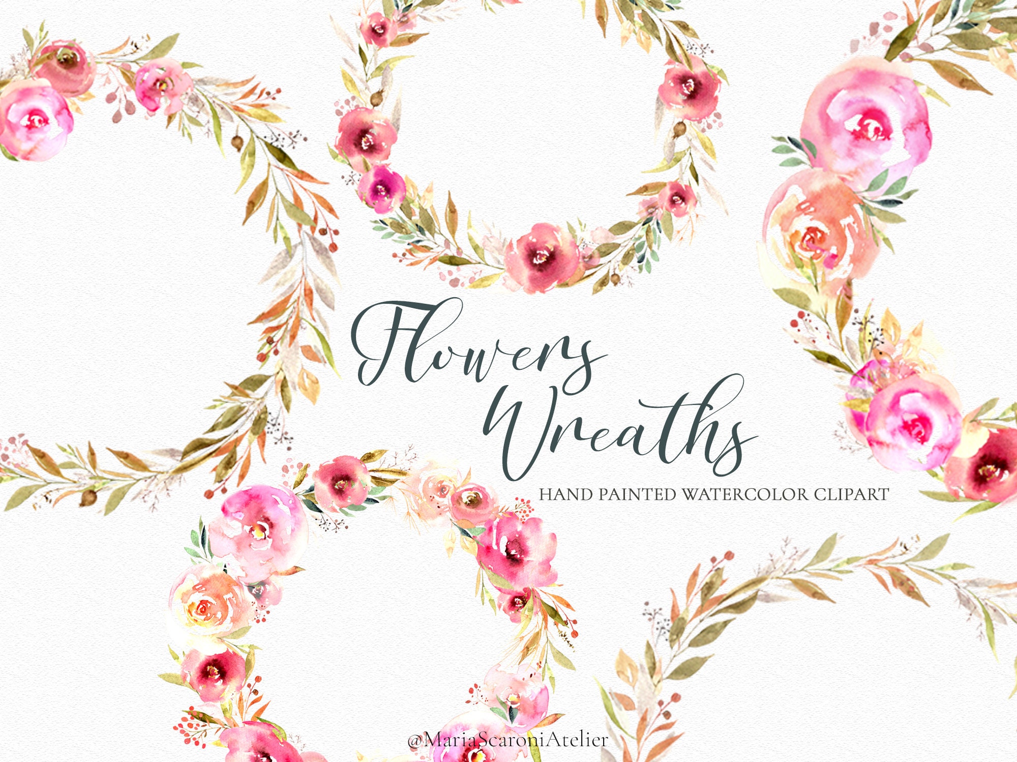 Watercolor Floral Wreaths Clipart Pink Flowers PNG | Etsy