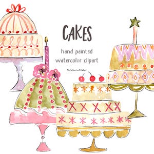Torte ad acquerello clipart, clipart di compleanno, illustrazione di dessert, dolci clipart, torta nuziale, logo  pasticceria download png