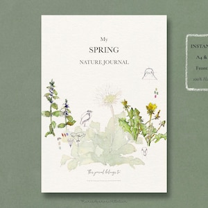 Può includere: Una copertina di diario bianca con il testo "My Spring Nature Journal" e illustrazioni ad acquerello di piante e fiori. Il diario include il testo "This journal belongs to" e un piccolo riquadro con la scritta "Instant Download".