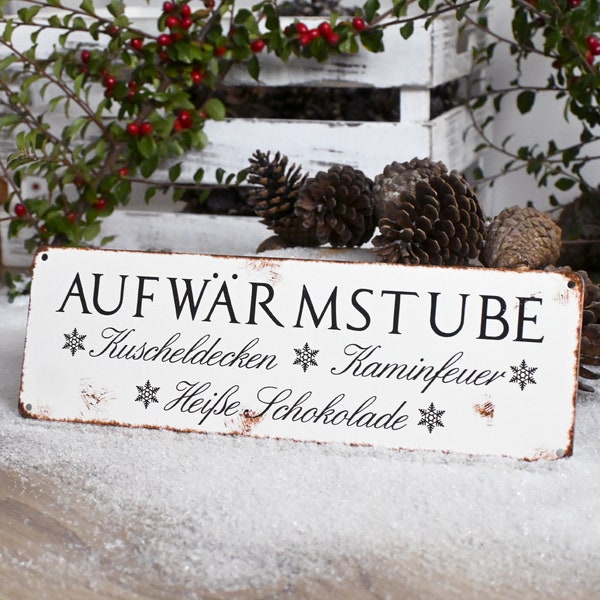 Interluxe Metallschild - Aufwärmstube - Weihnachten Herbst Vintage Schild für gemütliche Abende am Kaminfeuer Kaminofen mit Freunden Familie