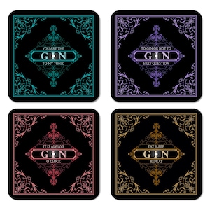 INTERLUXE glowing LED coasters set of 4 - Black gin - glass coasters for gin and tonic sayings bar coaster lounge men's evening gift idea