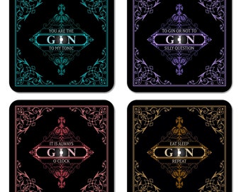 INTERLUXE glowing LED coasters set of 4 - Black gin - glass coasters for gin and tonic sayings bar coaster lounge men's evening gift idea