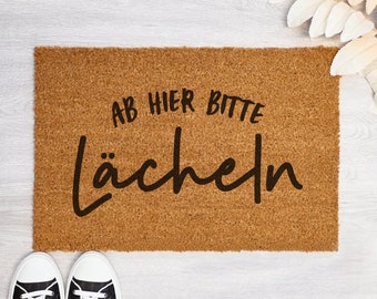 Hergestellt in Deutschland Kokos-Fußmatte - Ab hier bitte lächeln - Spruch Zuhause Gäste Kokosmatte WG 40x60cm oder 50x70cm - Interluxe