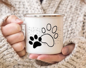 Interluxe Emaille Becher - 2 Pfoten - Tierliebhaber Fellnase Katze Hund Haustier Kaffeebecher Kaffeetasse Outdoor wandern Frauchen Herrchen