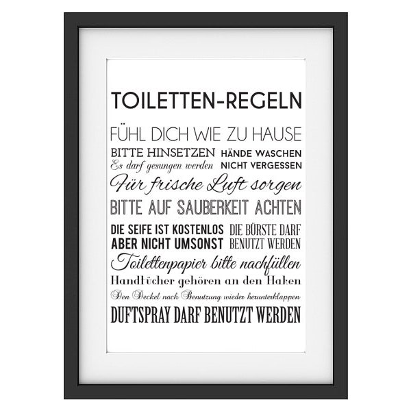 Interluxe Kunstdruck - Toilettenregeln - Badezimmer Wandgestaltung schwarz weiß Gäste WC Bad