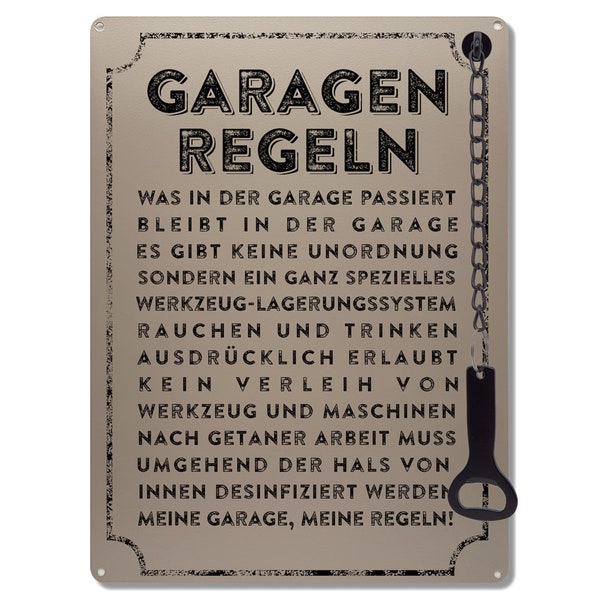 Metallschild mit Flaschenöffner A4 - Garagenregeln - Männergeschenk Kumpel Freunde Bieröffner Männerabend Werkstatt