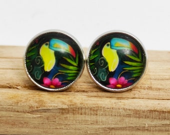 Earrings, bird, hornbill, tropical flowers, earrings, studs, silver, bronze, cabochon, glass, palm tree, small flowers