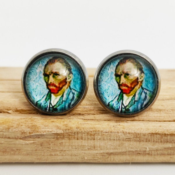 Boucles d'oreilles autoportrait Vincent Van Gogh. Puces d'oreilles. Peinture. Cabochon verre. Cadeau Unique. Artiste peintre. Anniversaire.