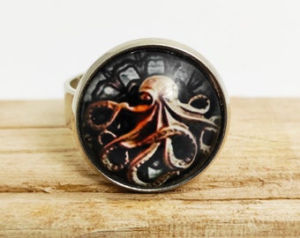 Adjustable ring octopus cabochon round glass gift idea for women