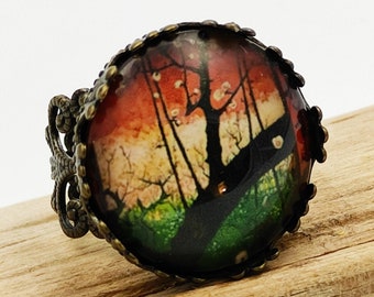 Adaptable adjustable fly. Vincent Van Gogh. Plum tree. Influence of Japanese prints. Round glass cabochon. Christmas. Birthday. Party.