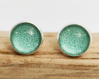 Earrings, Moroccan patterns, green, white, earrings, studs, silver, cabochon, glass, oriental, geometric shape