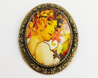 Alphons Mucha pin brooch. Woman with grapes. Glass cabochon. Gift idea. Christmas. Birthday. Party.