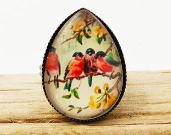 Adaptable adjustable bird ring, bird patterns, animals, beige, multicolor, small red birds, glass cabochon