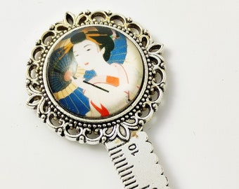 Ruled bookmark. Geisha. Umbrella. 2 cm round glass cabochon. Gift idea. Christmas. Birthday. Party.