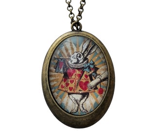 Alice in Wonderland necklace. Oval glass cabochon. Different models to choose from. Silver bronze. Rabbit