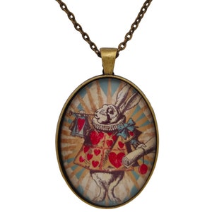 Alice in Wonderland Necklace. Oval Glass Cabochon. Bronze Beige Rabbit Messenger Trumpet Parchment
