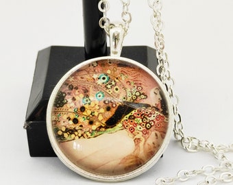 Collier. Cabochon verre rond. Peinture. Gustave Klimt. Danaé. Amour. Bijou rétro. Tableau. Idée cadeau. Anniversaire. Noël