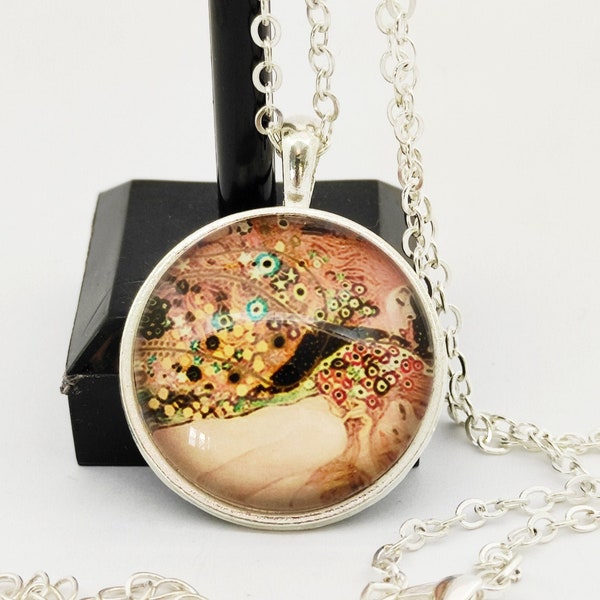 Collier. Cabochon verre rond. Peinture. Gustave Klimt. Danaé. Amour. Bijou rétro. Tableau. Idée cadeau. Anniversaire. Noël